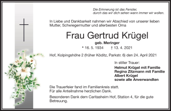 Traueranzeige von Gertrud Krügel von Frankenpost
