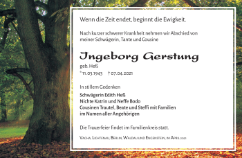 Traueranzeige von Ingeborg Gerstung von Südthüringer Presse