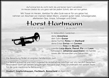 Traueranzeige von Horst Hartmann von Südthüringer Presse