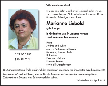 Traueranzeige von Marianne Liebold von Südthüringer Presse