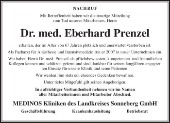 Traueranzeige von Dr. Eberhard Prenzel von Neue Presse Coburg
