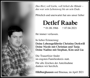 Traueranzeige von Detlef Raabe von Südthüringer Presse