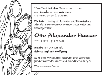 Traueranzeige von Otto Alexander Hauser von Südthüringer Presse