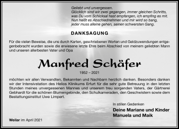 Traueranzeige von Manfred Schäfer von Südthüringer Presse
