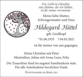 Traueranzeige von Hildegard Hüttel von Frankenpost