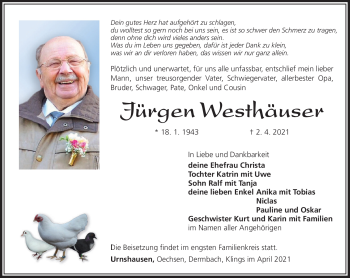 Traueranzeige von Jürgen Westhäuser von Südthüringer Presse