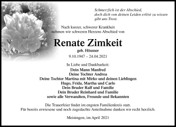 Traueranzeige von Renate Zimkeit von Südthüringer Presse