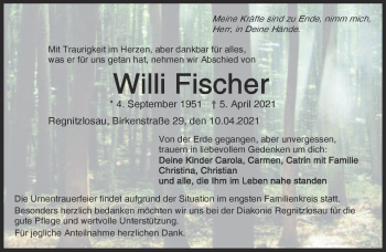 Traueranzeige von Willi Fischer von Frankenpost