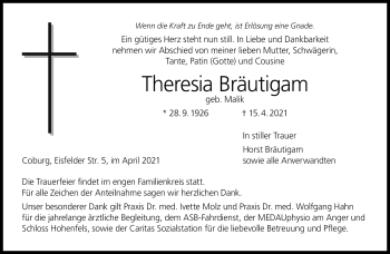 Traueranzeige von Theresia Bräutigam von Neue Presse Coburg