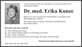 Traueranzeige von Erika Kunze von Südthüringer Presse