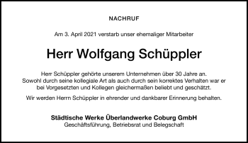 Traueranzeige von Wolfgang Schüppler von Neue Presse Coburg