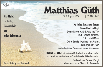 Traueranzeige von Matthias Güth von Südthüringer Presse