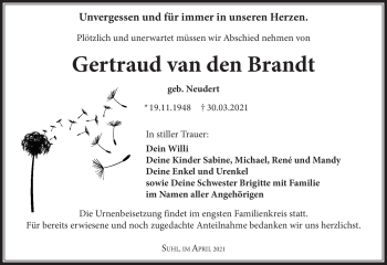 Traueranzeige von Gertraud van den Brandt von Südthüringer Presse