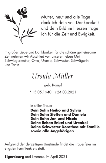 Traueranzeige von ursula Müller von Südthüringer Presse