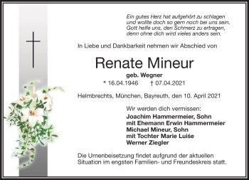 Traueranzeige von Renate Mineur von Frankenpost