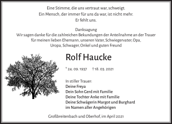 Traueranzeige von Rolf Hauke von Südthüringer Presse