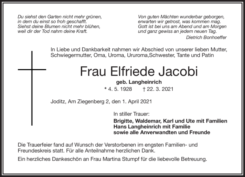  Traueranzeige für Elfriede Jacobi vom 01.04.2021 aus Frankenpost