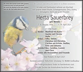 Traueranzeige von Herta Sauerbrey von Südthüringer Presse