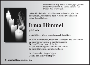 Traueranzeige von Irma Himmel von Südthüringer Presse