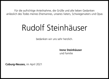 Traueranzeige von Rudolf Steinhäuser von Neue Presse Coburg