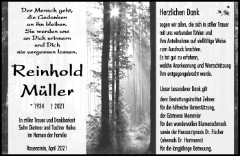 Traueranzeige von Reinhold Müller von Südthüringer Presse