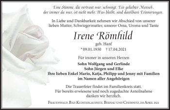 Traueranzeige von Irene Römhild von Südthüringer Presse