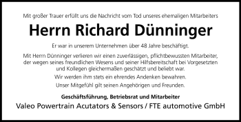 Traueranzeige von Richard Dünninger von Neue Presse Coburg