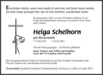 Traueranzeige von Helga Schelhorn von Südthüringer Presse