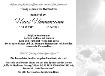 Traueranzeige von Hans Hennemann von Neue Presse Coburg