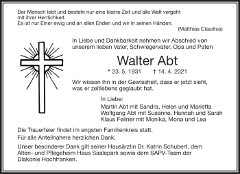 Traueranzeige von Walter Abt von Frankenpost
