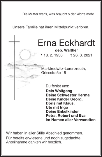 Traueranzeige von Erna Eckhardt von Frankenpost
