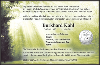 Traueranzeige von Burkhard Kahl von Südthüringer Presse