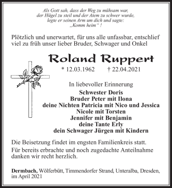 Traueranzeige von Roland Ruppert von Südthüringer Presse
