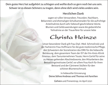 Traueranzeige von Christa Heinz von Südthüringer Presse