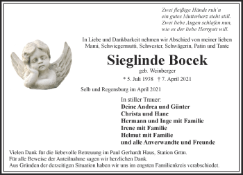 Traueranzeige von Sieglinde Bocek von Frankenpost