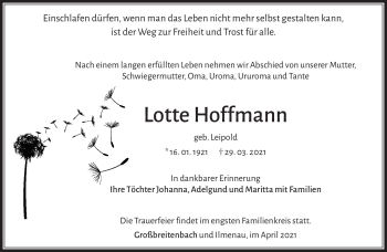 Traueranzeige von Lotte Hoffmann von Südthüringer Presse