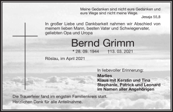 Traueranzeige von Bernd Grimm von Frankenpost