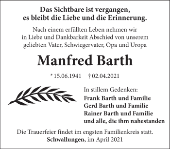 Traueranzeige von Manfred Barth von Südthüringer Presse
