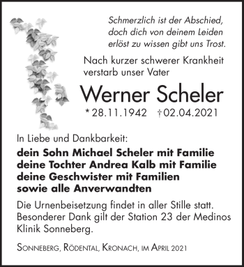 Traueranzeige von Werner Scheler von Südthüringer Presse