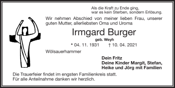 Traueranzeige von Irmgard Burger von Frankenpost