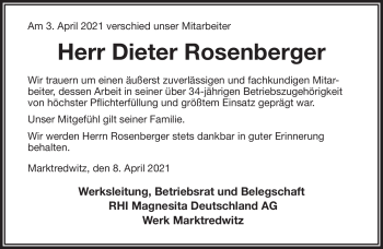 Traueranzeige von Dieter Rosenberger von Frankenpost