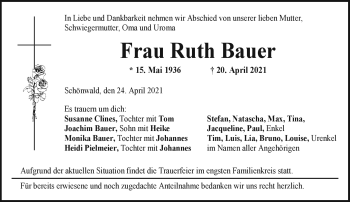 Traueranzeige von Ruth Bauer von Frankenpost
