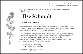 Traueranzeige von Ilse Schmidt von Südthüringer Presse