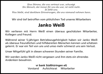 Traueranzeige von Janko Weiß von Südthüringer Presse