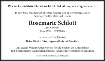 Traueranzeige von Rosemarie Schlott von Südthüringer Presse