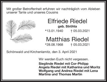 Traueranzeige von ElfriedeMatthias RiedelRiedel von Frankenpost