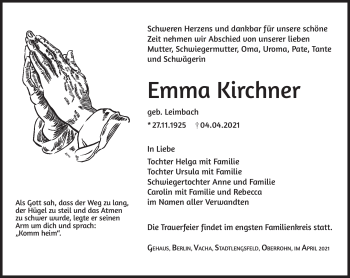 Traueranzeige von Emma Kirchner von Südthüringer Presse