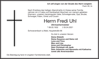 Traueranzeige von Fredi Uhl von Frankenpost