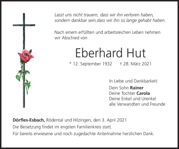 Traueranzeige von Eberhard Hut von Neue Presse Coburg