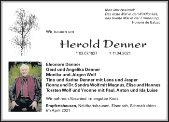 Traueranzeige von Herold Denner von Südthüringer Presse